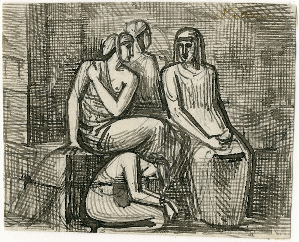 Vier zittende vrouwenfiguren