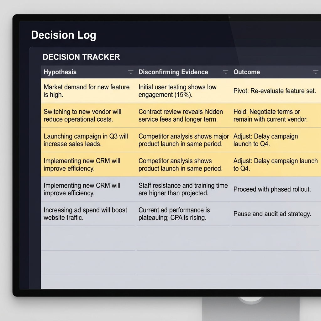 Close up of a decision log spreadsheet on a dark minimalist screen showing highlighted entries Hypothesis Disconfirming Evidence and Outcome illustrating How Confirmation Bias Distorts Sports Analysis