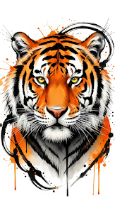 Dramatic Ink Wash and Watercolor Portrait of a Tiger Face with Abstract Splatters
