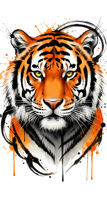 Dramatic Ink Wash and Watercolor Portrait of a Tiger Face with Abstract Splatters - Free mobile Wallpaper