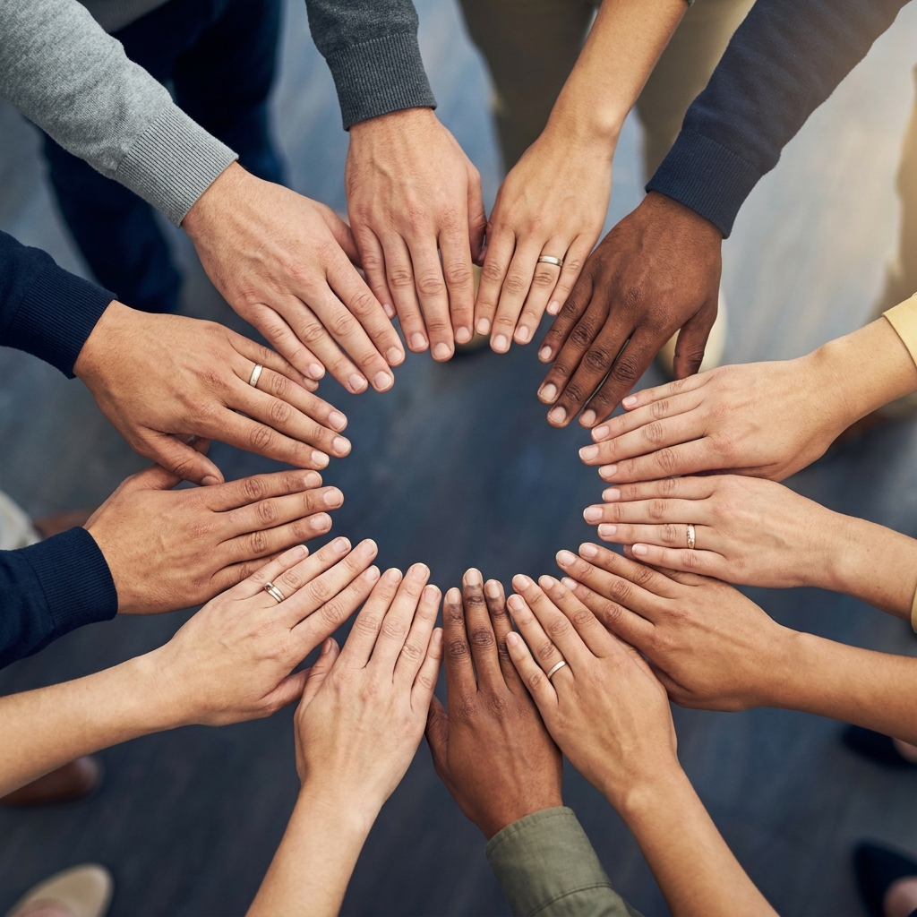 Close up of diverse staff hands joined in a unity huddle on a dark Funded Plays styled background conveying teamwork and solidarity odds of winning nfl