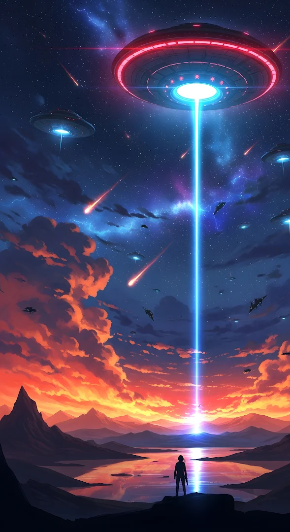 Dramatic Alien Invasion Scene at Sunset with UFO Beam