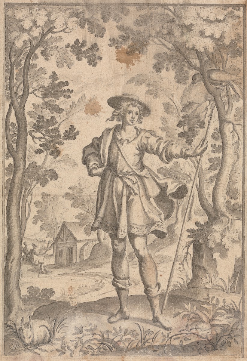 A Hunter Holding a Spear in a Woodland Setting