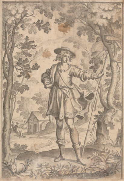 A Hunter Holding a Spear in a Woodland Setting