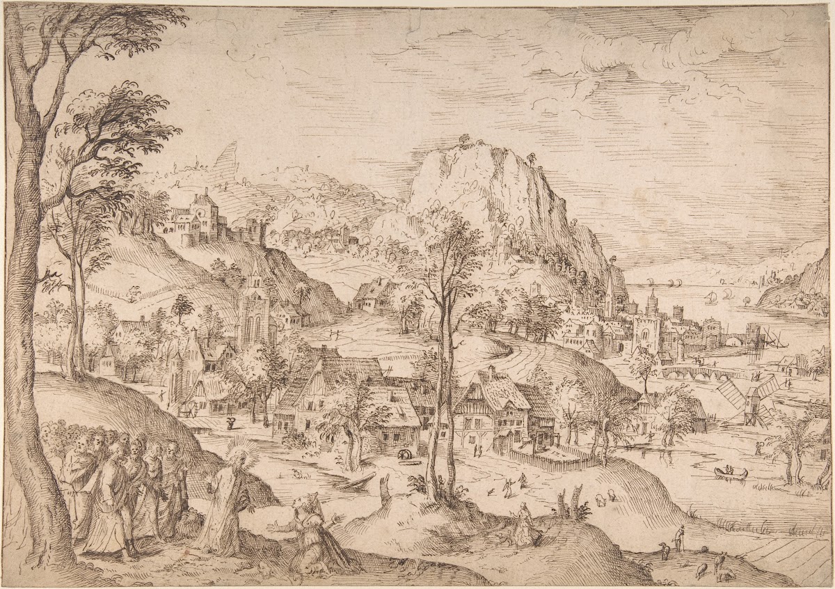 Panoramic Mountainous Estuary Landscape with Christ and the Woman of Canaan mid
