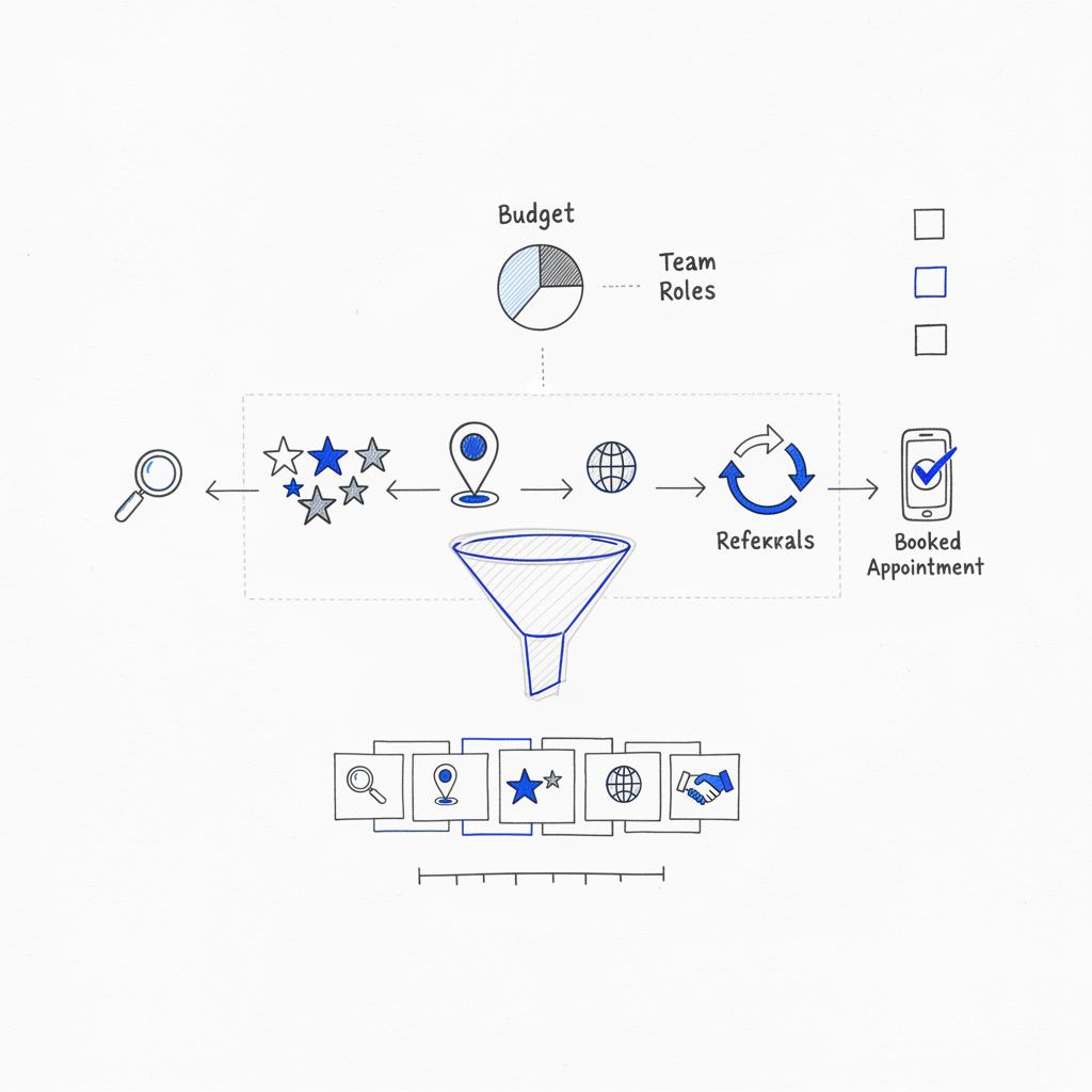 Hand-drawn notebook customer journey map for a dental clinic showing icons from search to booked appointment (magnifier, reviews, GBP pin, website, referral) &mdash; how to attract dental patients