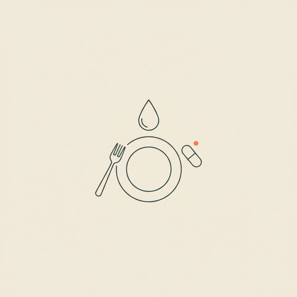 Minimal Tonum-style line illustration of a plate with fork, water droplet and capsule on beige background — why am I gaining weight when I'm eating less