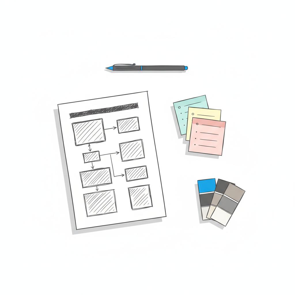 Top-down workspace with printed sitemaps, pen, brand color swatches and sticky task notes on white background, minimalist layout illustrating steps to design a website