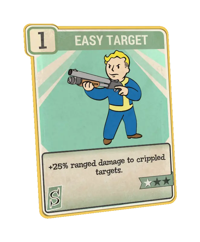Easy Target perk card in Fallout 76 2026 — renamed from Shotgunner, grants +75% damage versus crippled targets for all ranged weapons