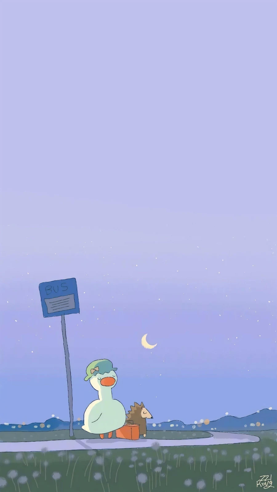 Cute Duck and Hedgehog Waiting - Digital Illustration 4K iPhone Wallpaper (2304x4096)