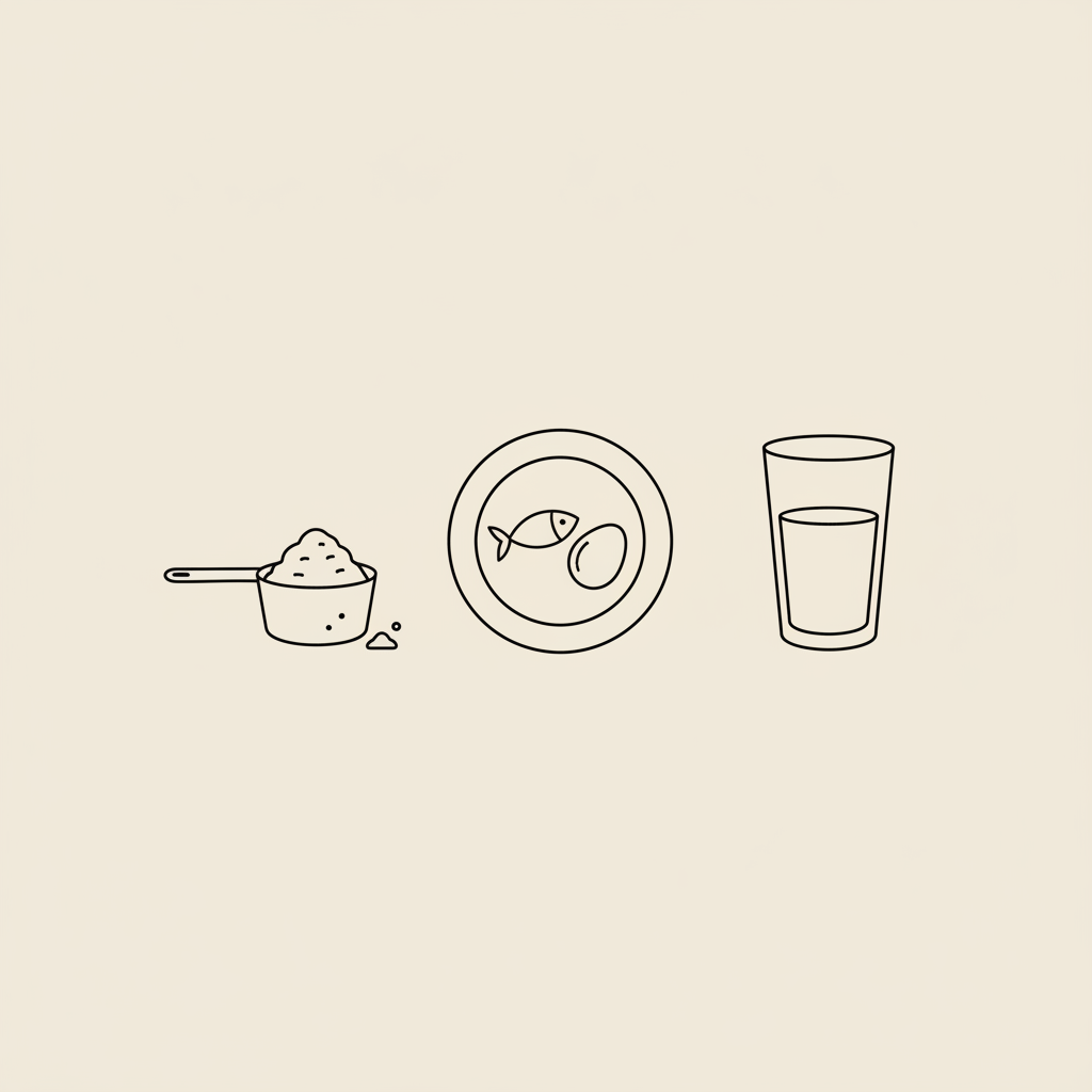 Minimalist Tonum-style line illustration of a scoop of daily protein powder, a small plate with fish and egg icons, and a water glass on a beige background