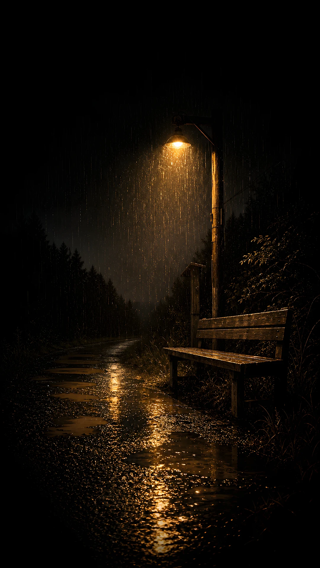 Anime Style Rainy Bus Stop under Glowing Yellow Streetlamp - Free 4K mobile Wallpaper