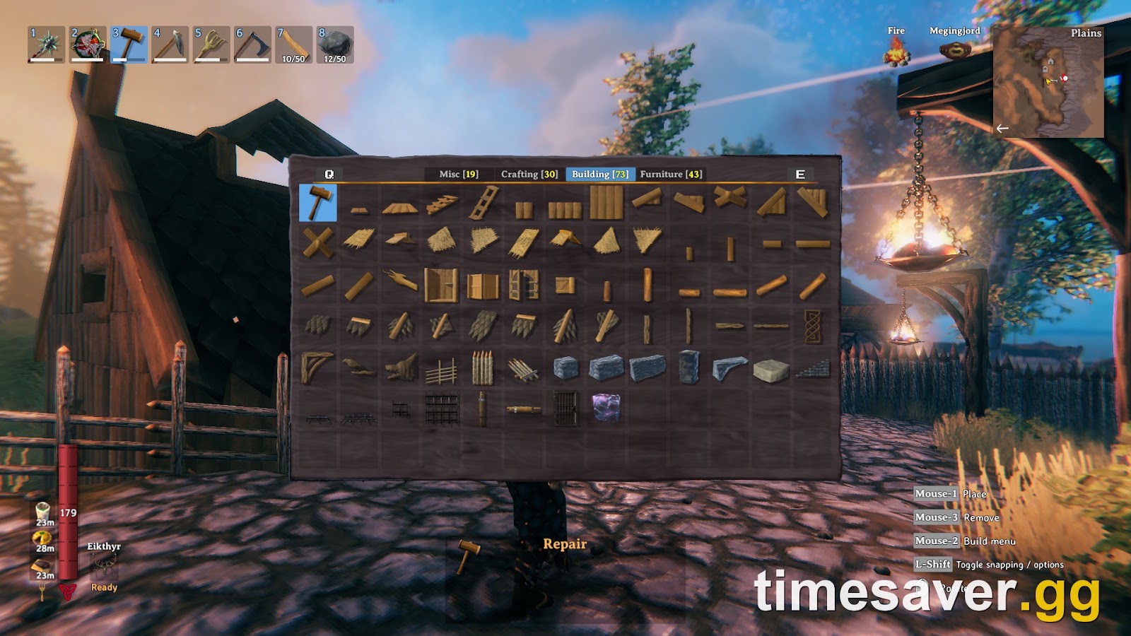 The Valheim build menu open in front of a base, the persistent world a dedicated server hosts
