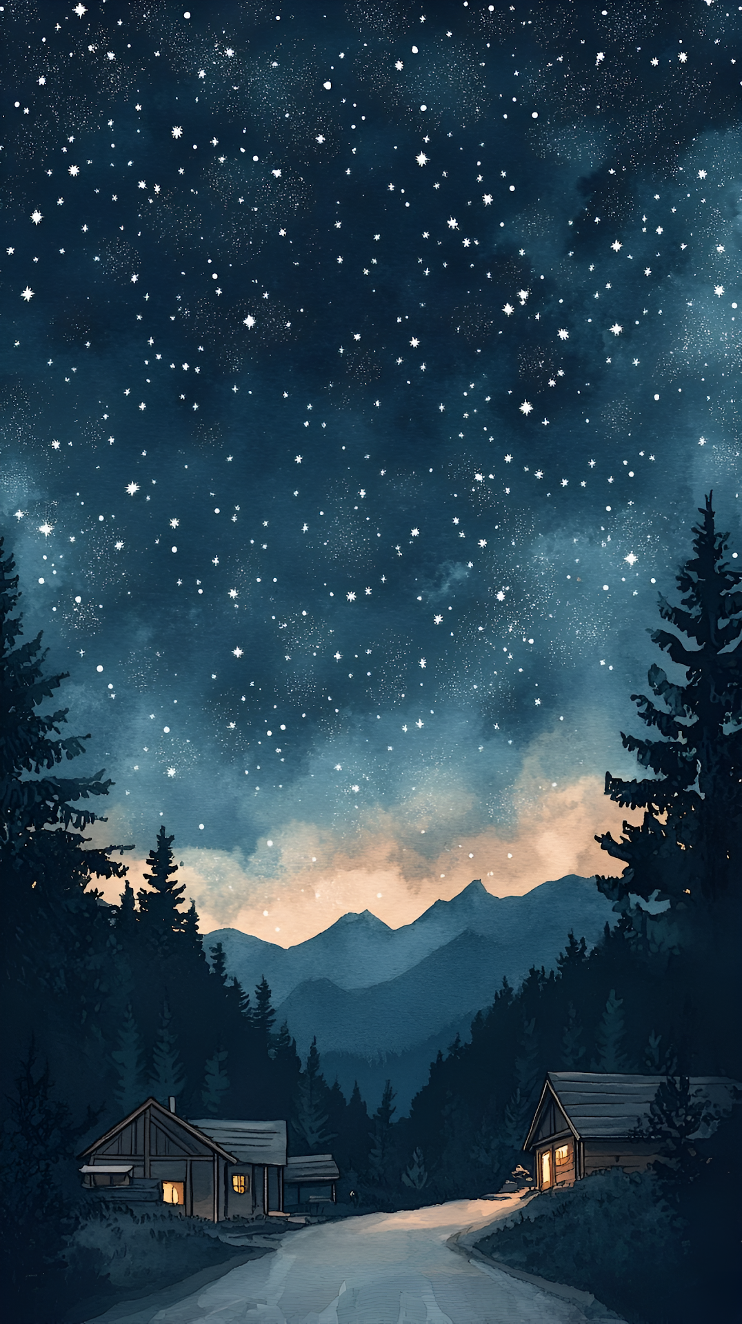 Rustic Cabins Under Dark Starry Night Watercolor Art - Free 4K mobile Wallpaper