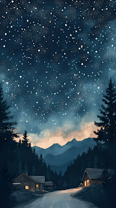 Rustic Cabins Under Dark Starry Night Watercolor Art