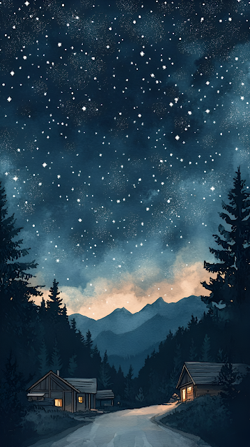 Rustic Cabins Under Dark Starry Night Watercolor Art - Free mobile Wallpaper