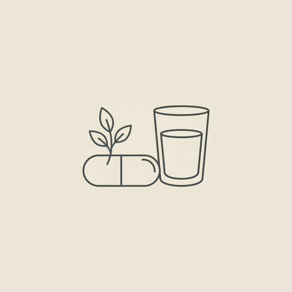 Minimal Tonum-style line illustration of a capsule, a botanical sprig, and a water glass on beige background, representing the best natural weight loss supplement.