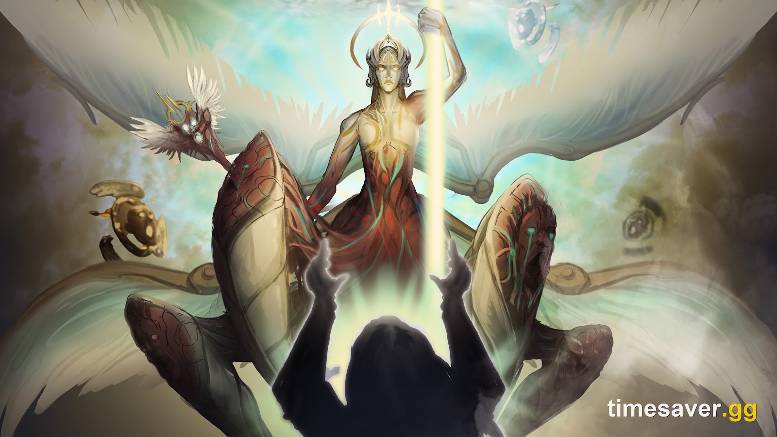 Coloured Chorus of Sin key art concept showing The Judgment casting a pillar of divine light down on a kneeling survivor