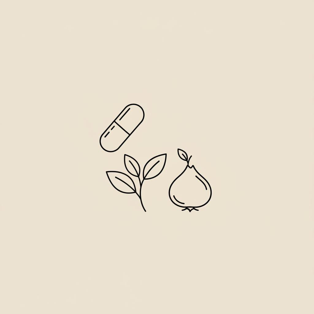 Minimalist Tonum-style line illustration of a capsule, tea sprig, and stylized konjac root on a beige background — what plant curbs your appetite
