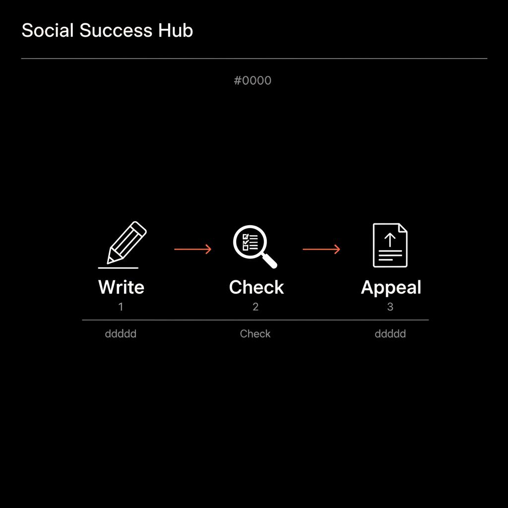 Minimal three-step infographic 'Write → Check → Appeal' on black background using Social Success Hub brand colors — does Google tell you if they remove your review