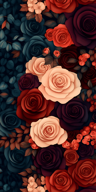 Moody Floral Pattern Dark Teal Burgundy Roses - Free mobile Wallpaper
