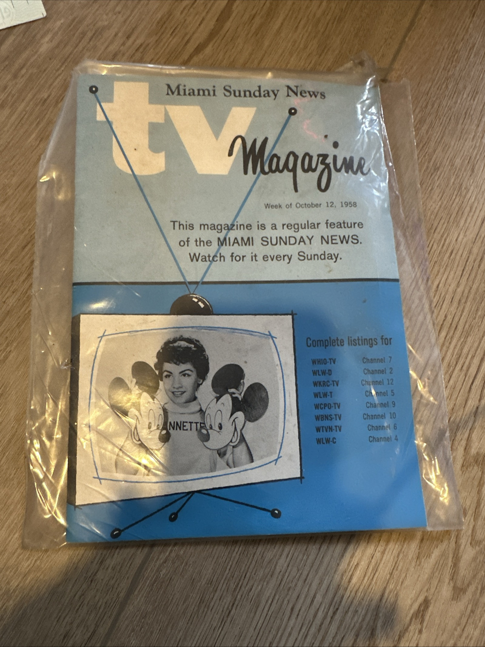Miami Sunday News TV Magazine from October 12, 1958, with Annette Funicello on the cover wearing her ANNETTE turtleneck sweater and two Mickey Mouse illustrations