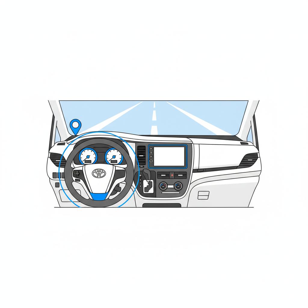 Minimalist vector dashboard view of a Toyota Sienna interior from driver perspective highlighting instrument cluster with a blue pointer icon ideal for toyota sienna for sale article