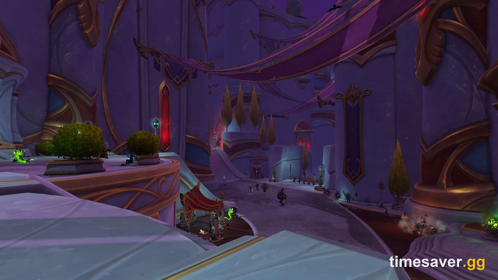 The violet Silvermoon streets of Murder Row, one of the eight Mythic+ dungeons in WoW Midnight Season 2