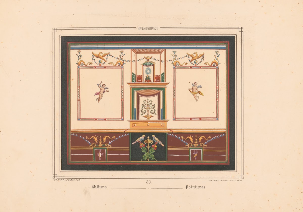 Pompei Frescoe with two putti in frames topped with birds and dolphins 1840 1870