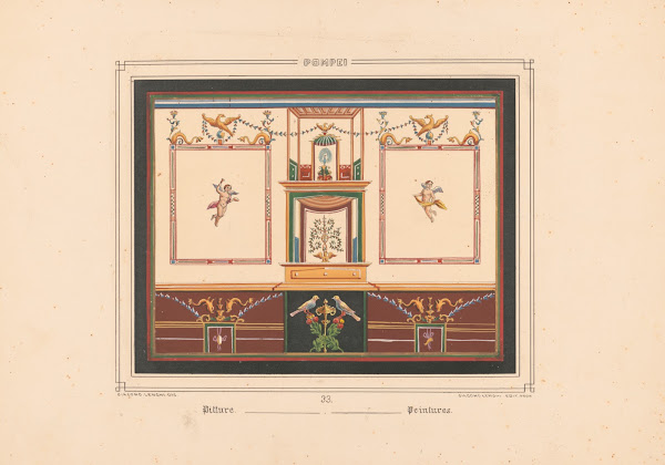 Pompei Frescoe with two putti in frames topped with birds and dolphins 1840 1870