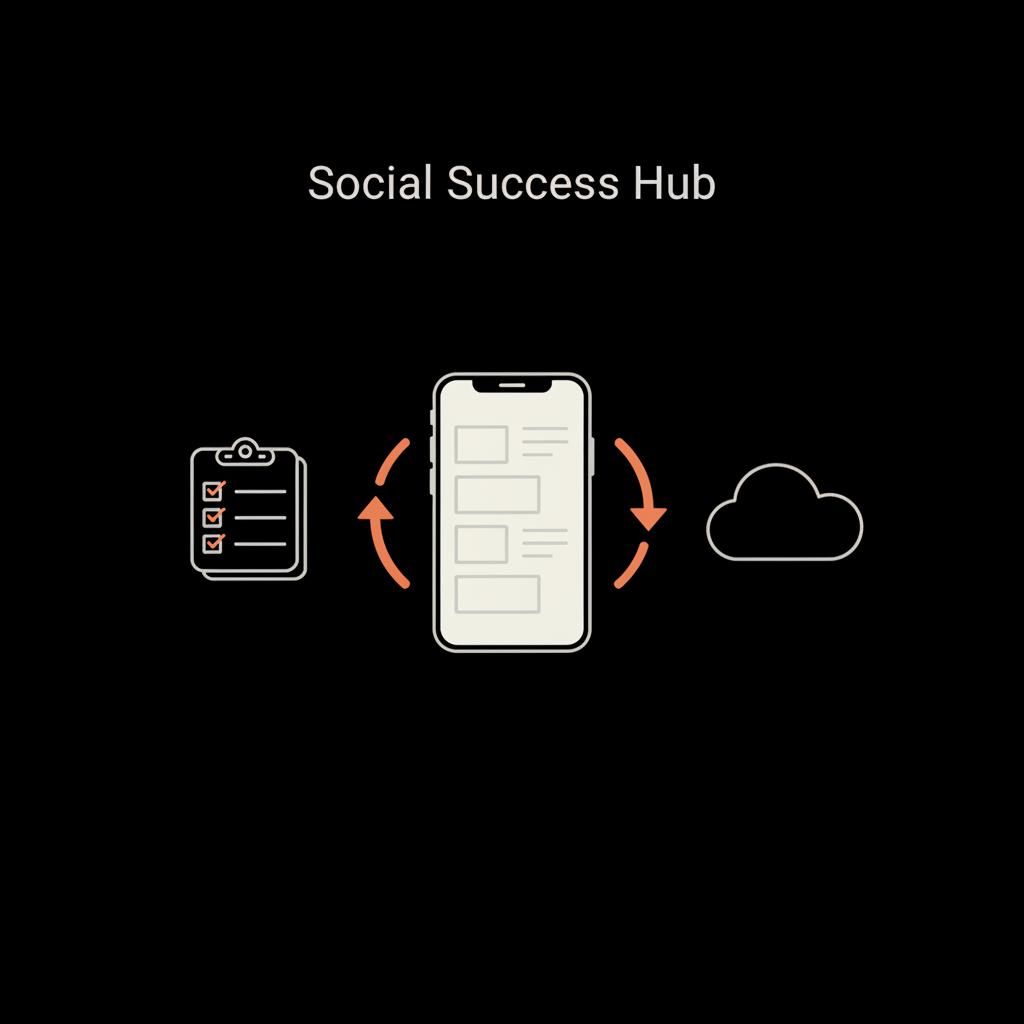 Minimal 2D vector infographic of a checklist and smartphone syncing with a cloud using orange arrows, illustrating passwords sync and organization.