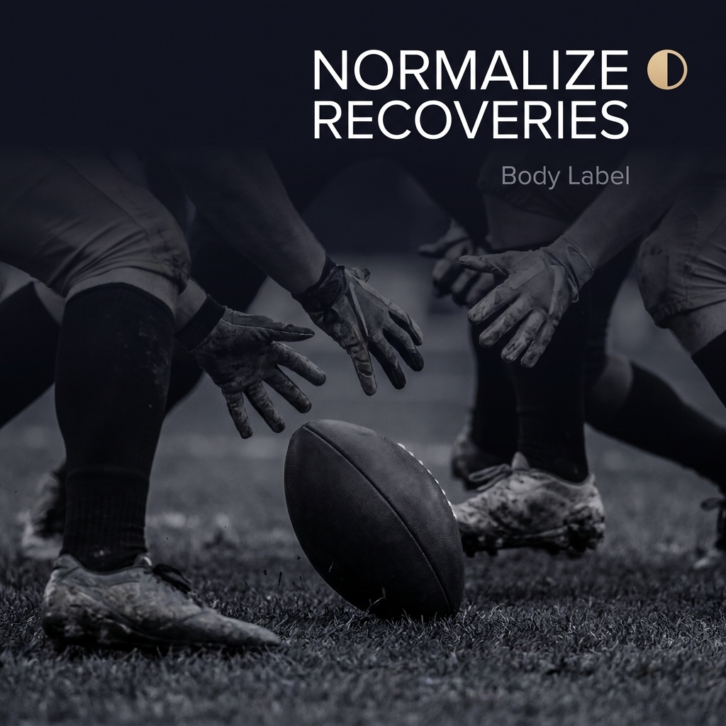 Close up fumbled football on turf with converging players legs and hands no faces overlay half coin flip icon and headline Normalize recoveries illustrating How Turnover Luck Affects NFL Results