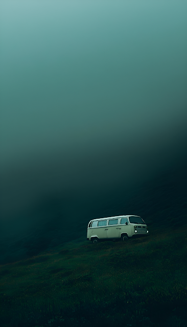 Vintage VW Bus on Moody Emerald Hillside in Deep Fog - Free mobile Wallpaper