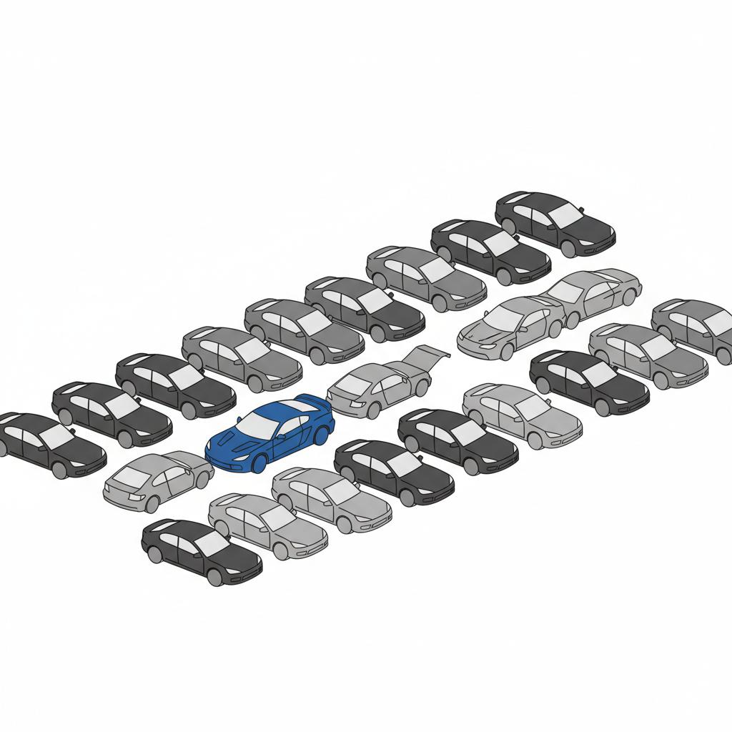 Minimalist 2D vector of a dealer lot with one blue Lexus LC 500 highlighted among common gray Lexus models illustrating lexus lc 500 for sale on a clean white background
