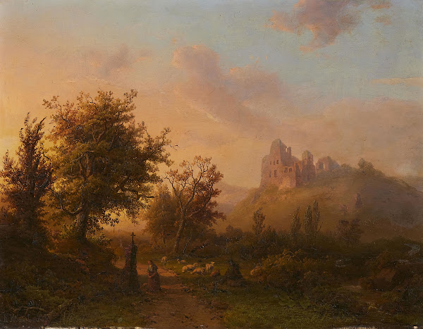 Landschaft mit Burgruine und einer Hirtin im Gebet