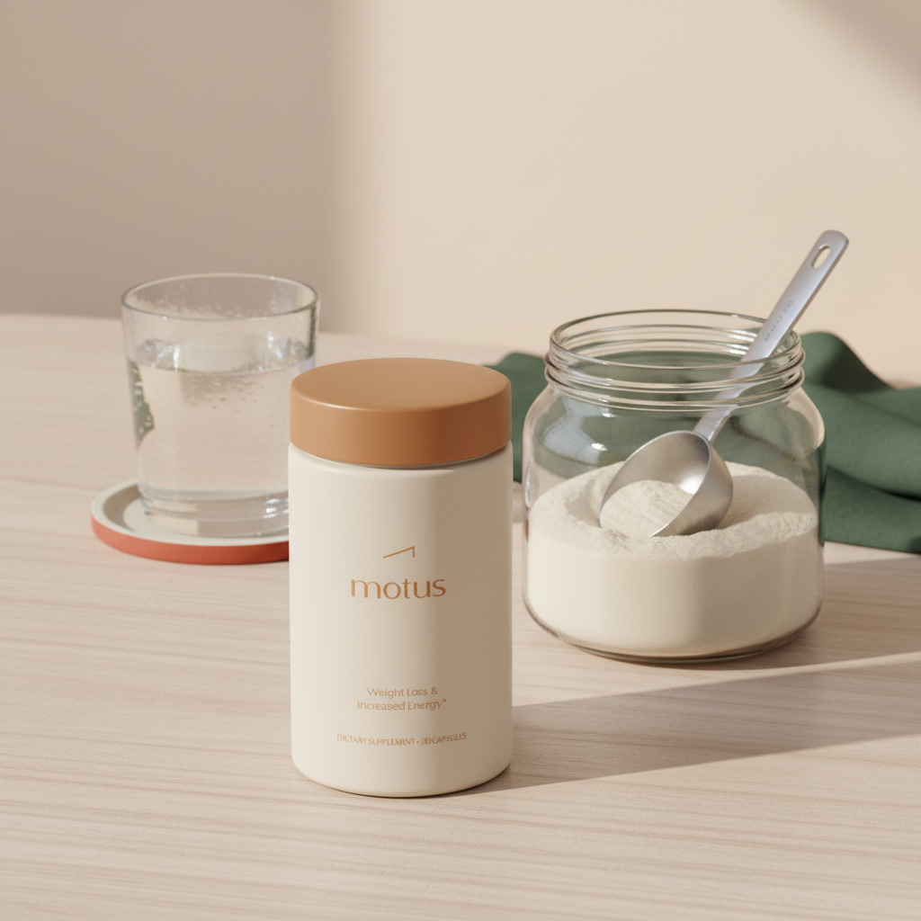 Minimalist scene of Tonum Motus supplement jar beside an open powdered meal-replacement jar, scoop, and glass of water on a wooden table against a soft #F2E5D5 background — meal replacement for weight loss.