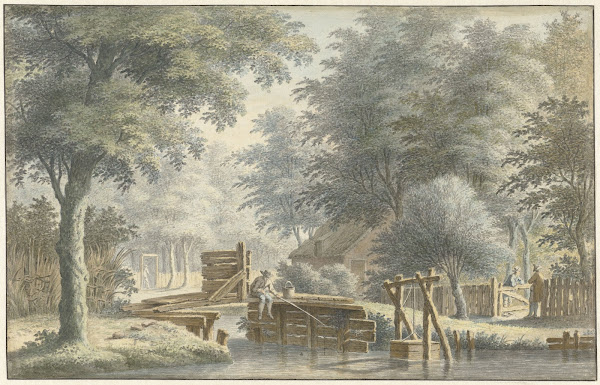 Landschap met een brug waarop een hengelaar 1763
