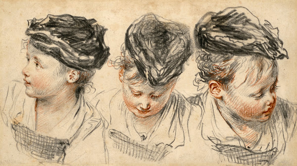 Three head studies of a girl wearing a hat