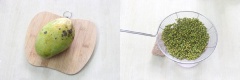 Xoài rửa sạch để vào ngăn đá tủ lạnh khoảng 8 tiếng. Đậu xanh rửa sạch. Cho đậu xanh vào nồi áp suất, thêm đường và 400ml nước vào. Đun cho đến khi nước cạn và đậu chín.