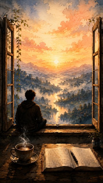 Classic Watercolor Sunset Window Silhouette with Hot Tea - Free mobile Wallpaper