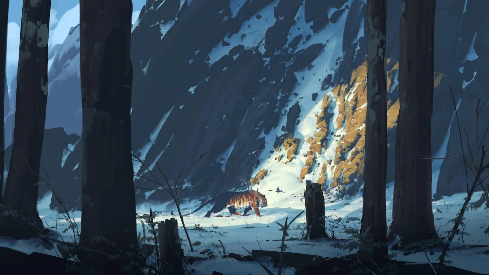 Tiger In Snowy Mountain Forest - Digital Painting 8K Wallpaper (7680x4320)
