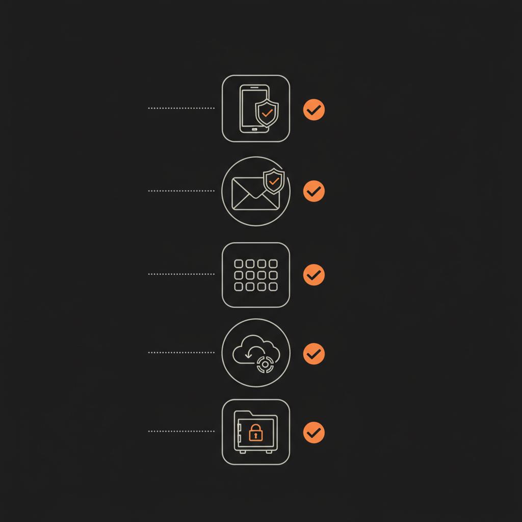 Minimal vector infographic of a secure checklist with icons for recovery phone, alternate email, 25-character code, authenticator cloud backup and secure storage — how to recover outlook account