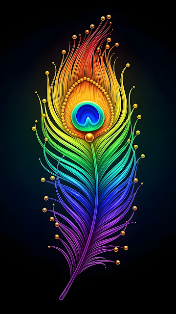 Stylized Peacock Feather Made of Woven Rainbow-Colored Glass Strands on Dark Background - Free mobile Wallpaper