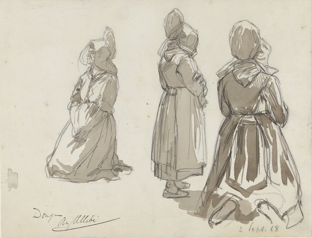 Studies van een knielende en staande boerin 1868