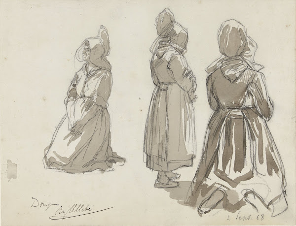 Studies van een knielende en staande boerin 1868