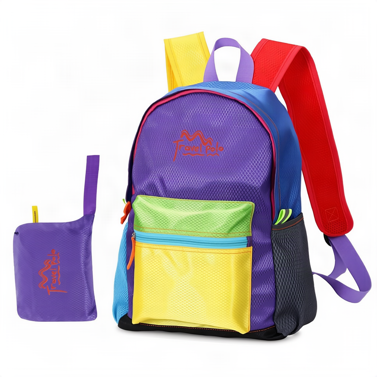 Foldable travel backpack, polyester, 20-40 cm, color blocks