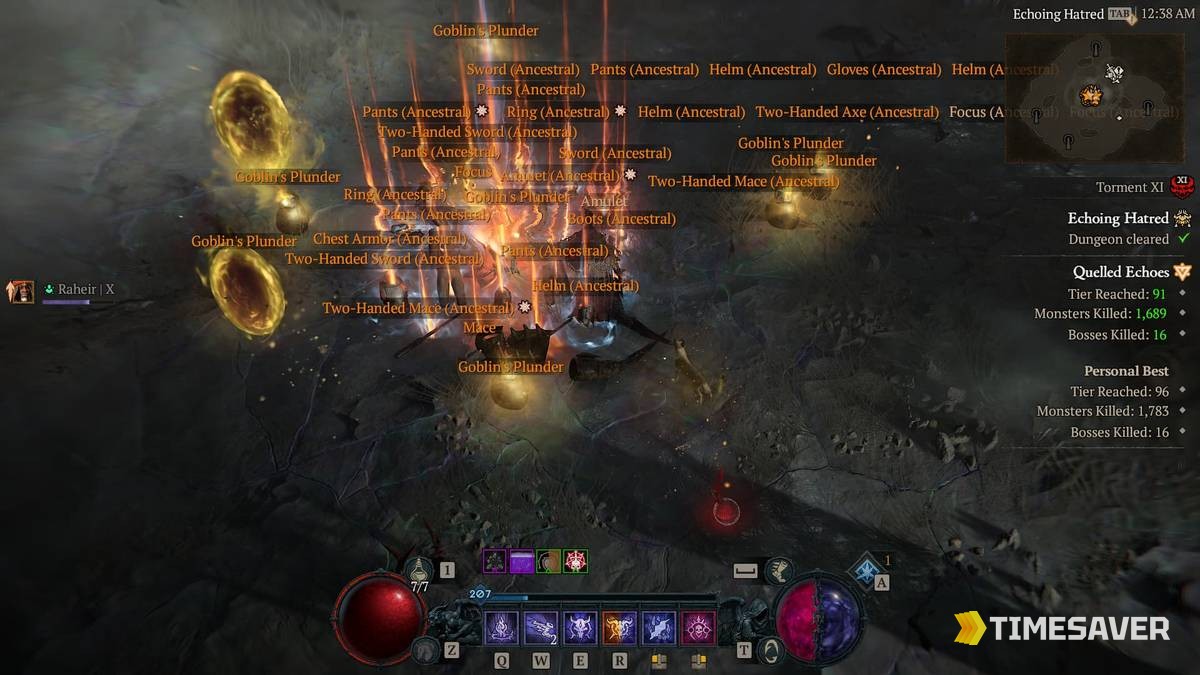 Diablo 4 Echoing Hatred reward screen — the Quelled Echoes summary showing tier reached, monsters and bosses killed, and a shower of Ancestral loot at Torment XI