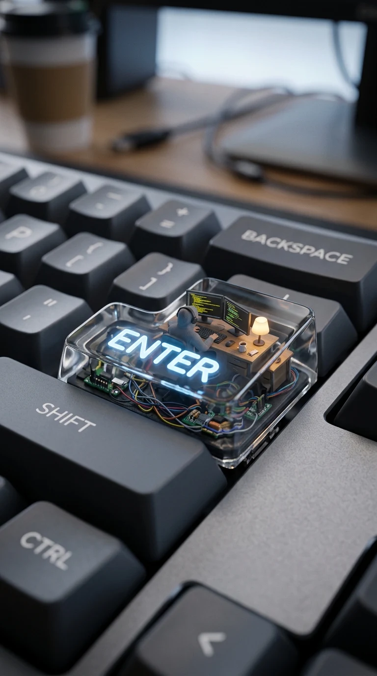 Microscopic Diorama of a Coder Working Inside a Transparent Enter Key - Free 4K mobile Wallpaper