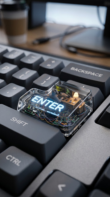 Microscopic Diorama of a Coder Working Inside a Transparent Enter Key - Free mobile Wallpaper