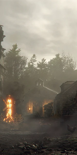 Resident Evil, Village, Bonfire, Tower, Fog 4K Wallpaper Background